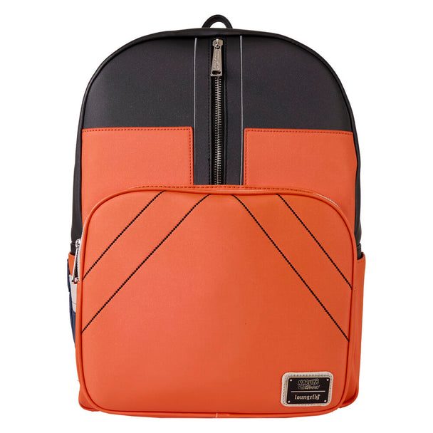 Vue de face du sac à dos Loungefly Naruto Shippuden en cuir vegan avec détails brodés et embossés