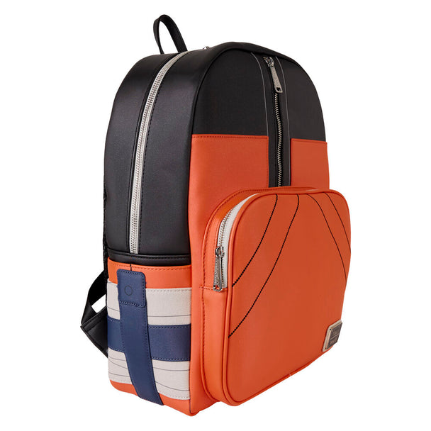 Gros plan sur les appliqués et le métal moulé argenté du sac à dos Naruto Shippuden Loungefly