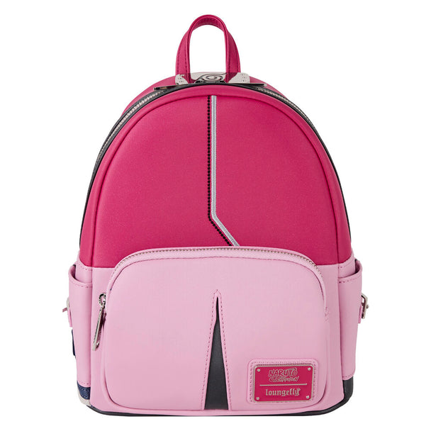 Sac à dos Loungefly Naruto Shippuden Sakura vue de face avec poches zippées et détails appliqués en simili cuir vegan