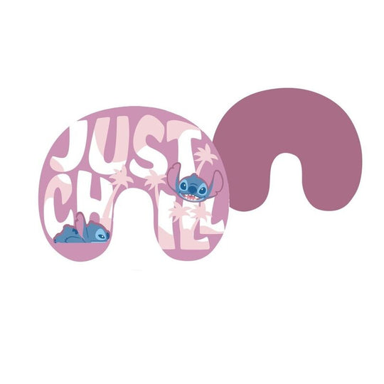 Coussin de voyage Disney Stitch bleu avec visage du personnage, conçu pour un confort optimal lors des trajets.