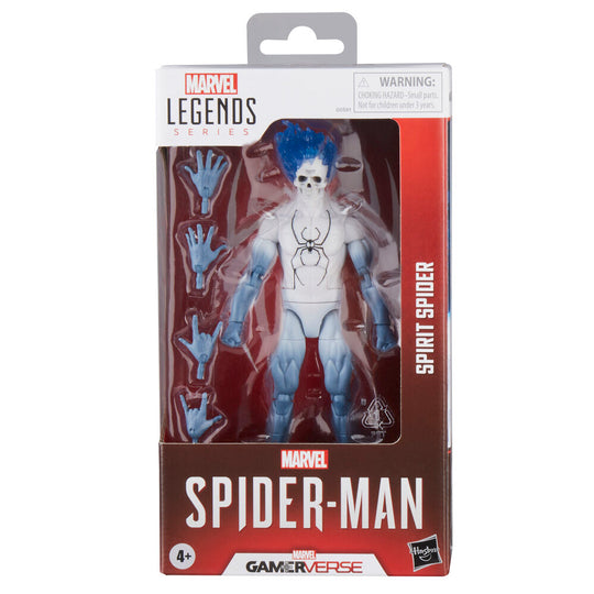 Figurine Spirit Spider Marvel Legends de 15 cm posée sur fond blanc, vue frontale détaillée