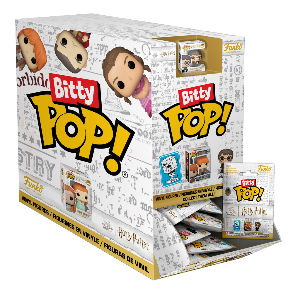 Deux figurines Funko Bitty Pop Harry Potter mystère posées côte à côte sur fond blanc