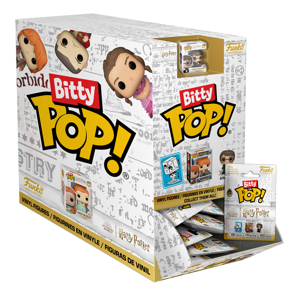 Deux figurines Funko Bitty Pop Harry Potter mystère posées côte à côte sur fond blanc