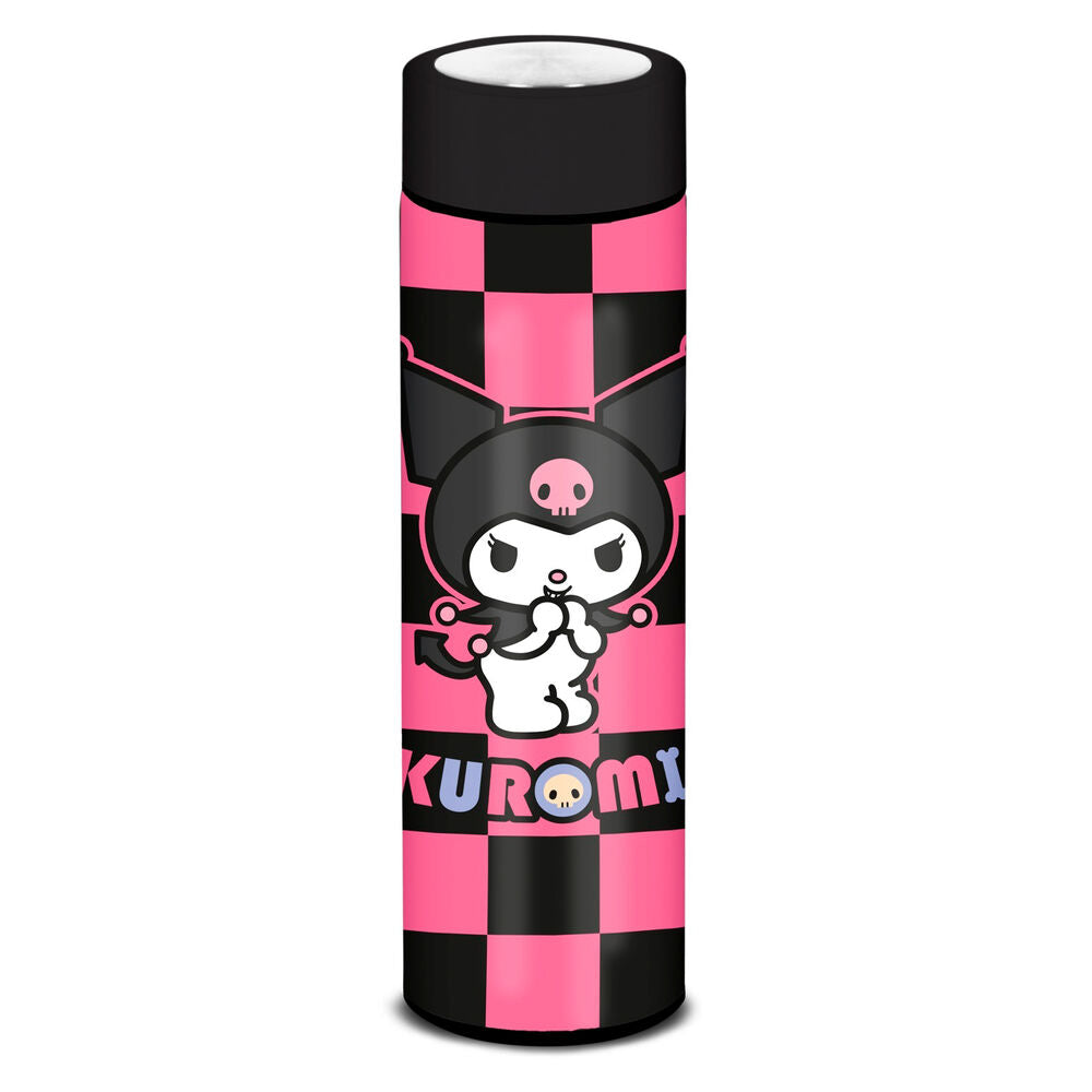 Bouteille en acier inoxydable Hello Kitty et Kuromi avec un design inspiré du jeu d'échecs, mettant en valeur les personnages sur un fond à carreaux.