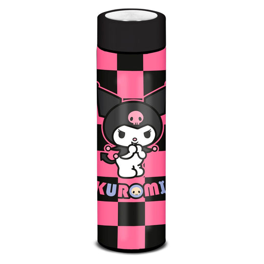 Bouteille en acier inoxydable Hello Kitty et Kuromi avec un design inspiré du jeu d'échecs, mettant en valeur les personnages sur un fond à carreaux.