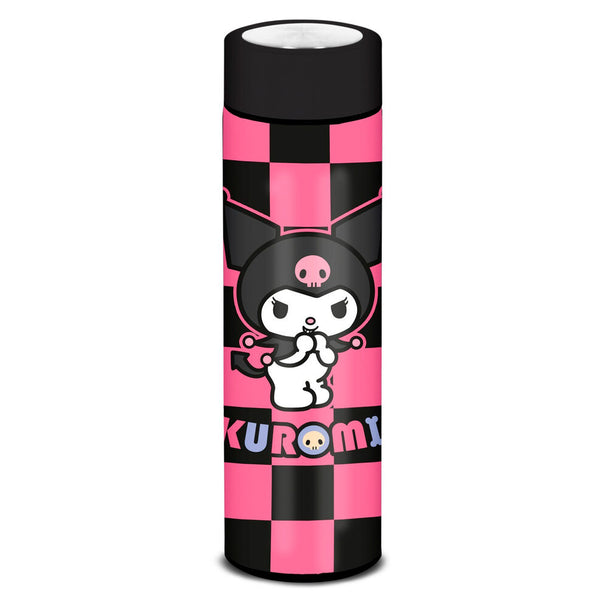 Bouteille en acier inoxydable Hello Kitty et Kuromi avec un design inspiré du jeu d'échecs, mettant en valeur les personnages sur un fond à carreaux.