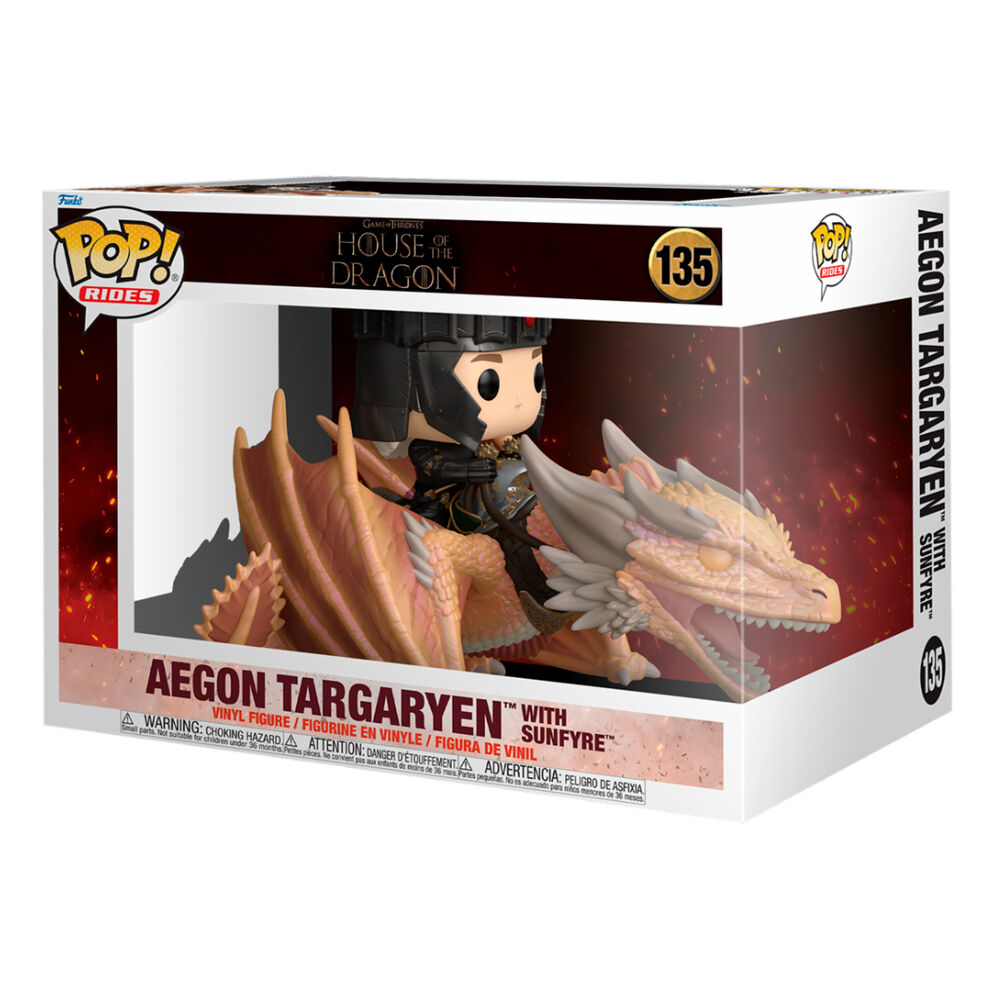 Figurine POP d'Aegon Targaryen avec son dragon Sunfyre de la série House of the Dragon par FUNKO, vue de face