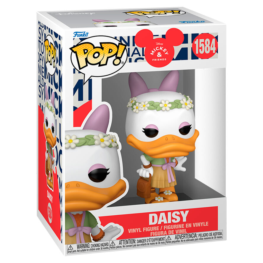 Vue rapprochée de la figurine Funko POP Daisy Disney Mickey & Friends montrant les détails colorés et le packaging soigné