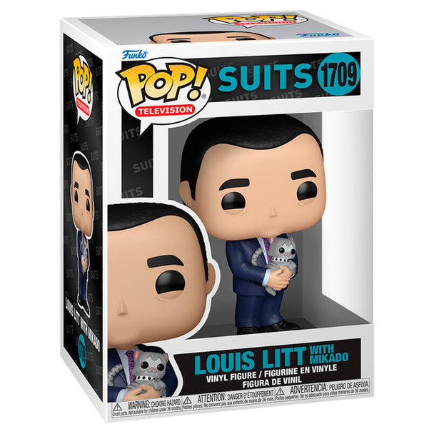 Vue détaillée de la figurine Funko POP Louis Litt tenant un Mikado, modèle collector de la série Suits