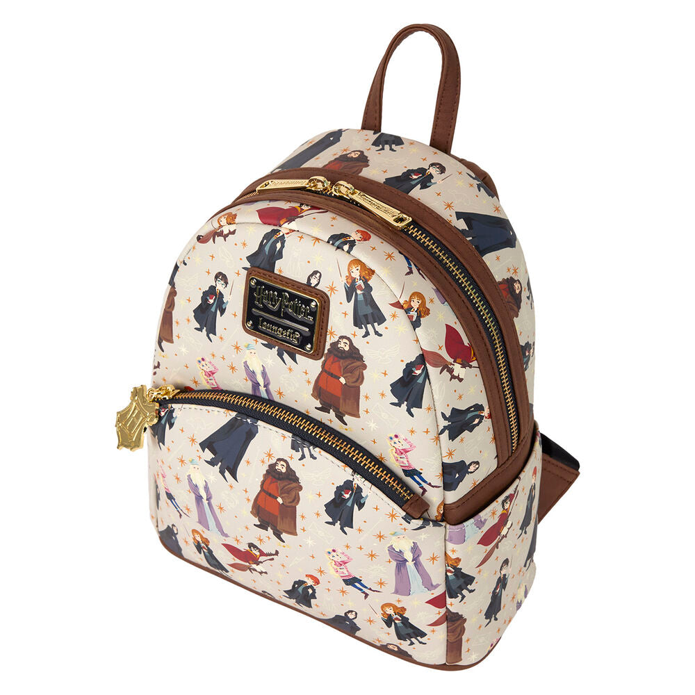 Vue avant du sac à dos Harry Potter Spring Loungefly avec motifs colorés et logo officiel
