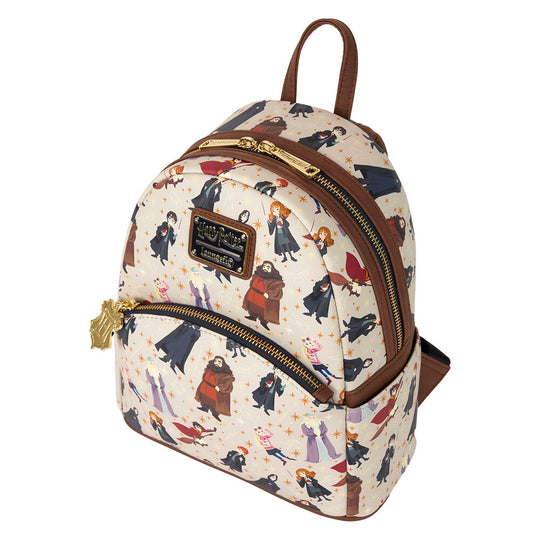 Vue avant du sac à dos Harry Potter Spring Loungefly avec motifs colorés et logo officiel