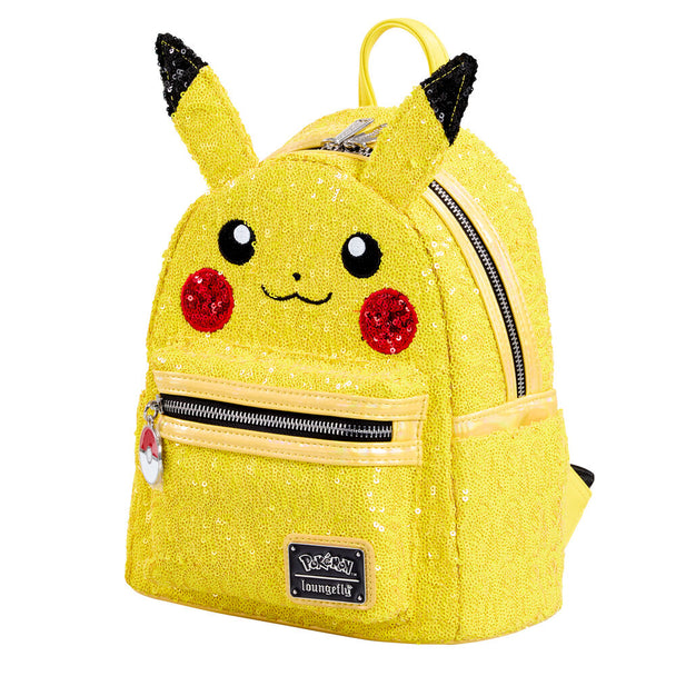 Sac à dos Loungefly Pikachu Pokémon vue de face avec sequins et détails brodés sur fond blanc