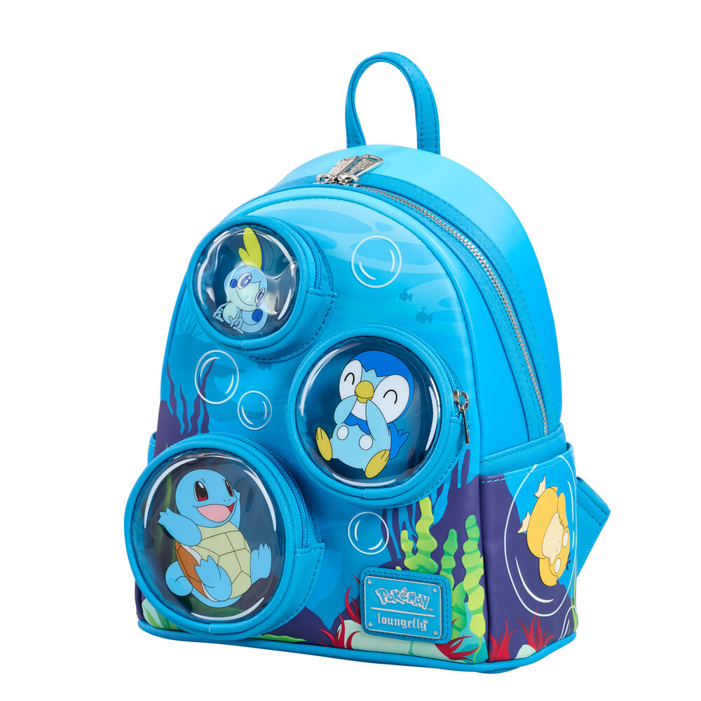 Vue latérale du sac à dos Loungefly Pokémon montrant les poches latérales pratiques