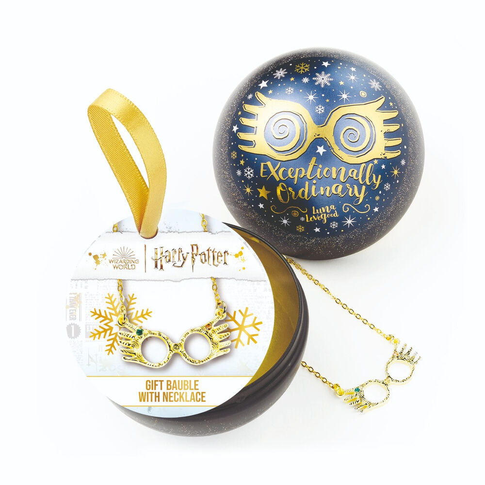 Collier Luna Lovegood Harry Potter présenté avec sa boule de Noël, idéal pour les fêtes et les fans de la saga.