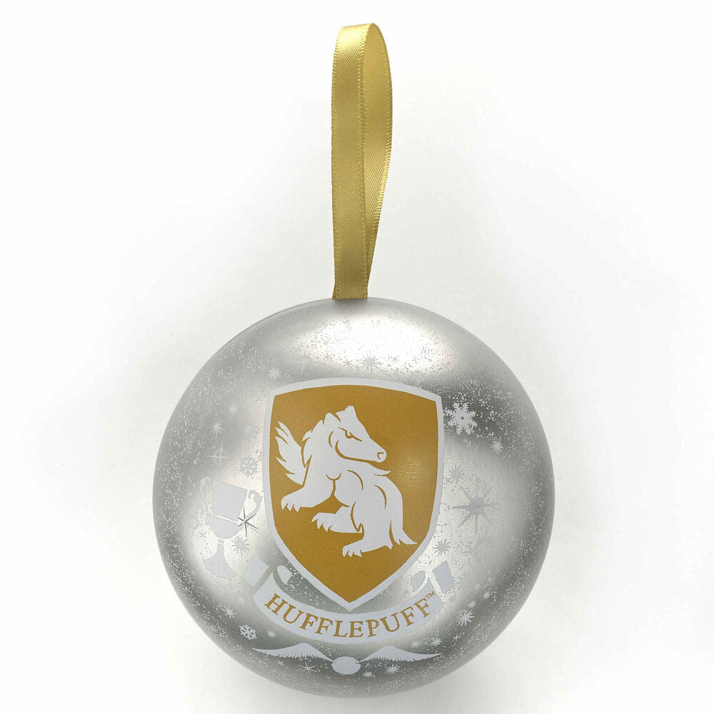 Boule de Noël Harry Potter Poufsouffle suspendue, illustrant le blason de la maison et les couleurs jaune et noir. Idéale pour décorer votre sapin de Noël.