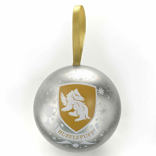 Boule de Noël Harry Potter Poufsouffle suspendue, illustrant le blason de la maison et les couleurs jaune et noir. Idéale pour décorer votre sapin de Noël.