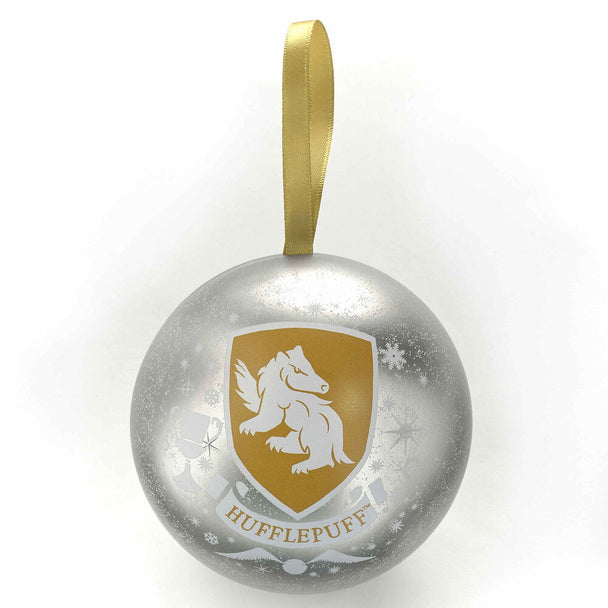 Boule de Noël Harry Potter Poufsouffle suspendue, illustrant le blason de la maison et les couleurs jaune et noir. Idéale pour décorer votre sapin de Noël.