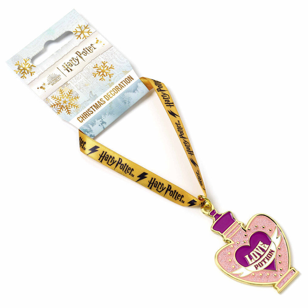 Ornement Harry Potter Potion d'Amour suspendu à un sapin de Noël, montrant le ruban aux couleurs de Harry Potter et l'effet brillant de l'ornement.