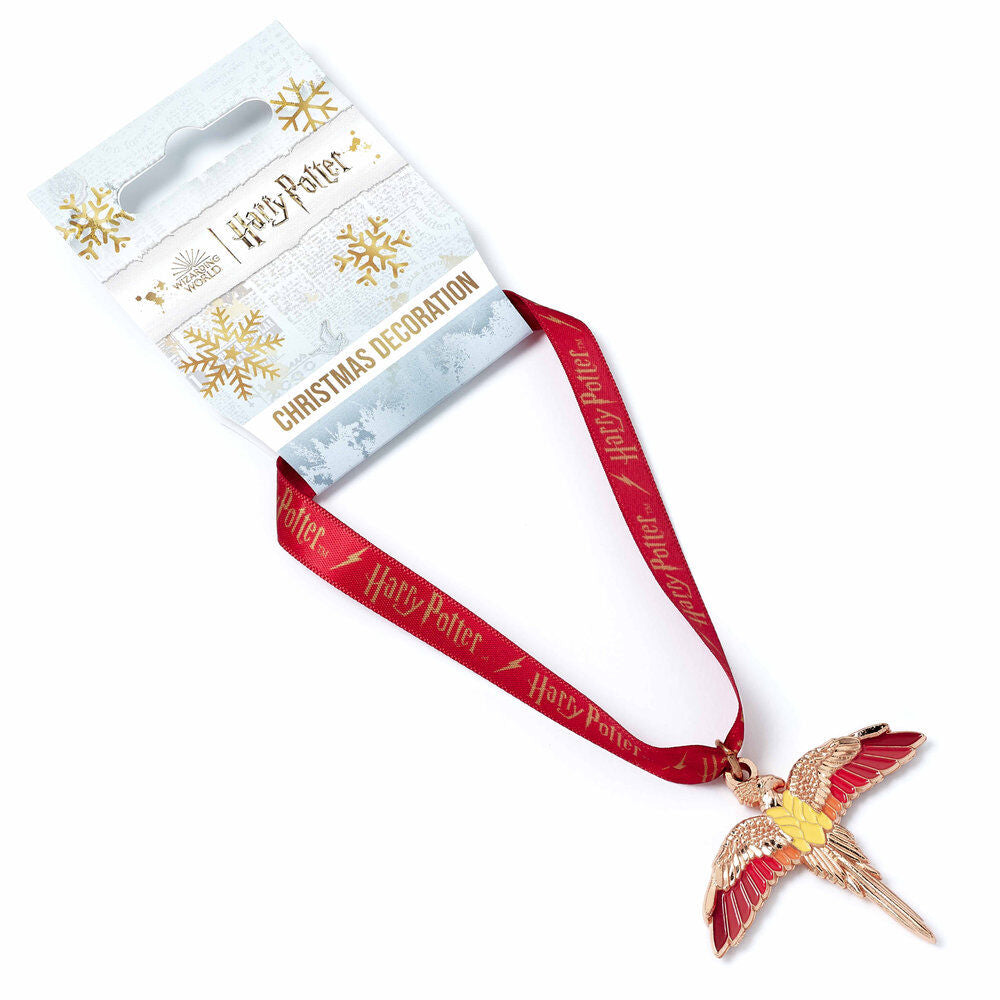 Gros plan de l'ornement de Noël Fawkes Harry Potter, mettant en évidence les cristaux de verre étincelants et le ruban avec le logo Harry Potter.