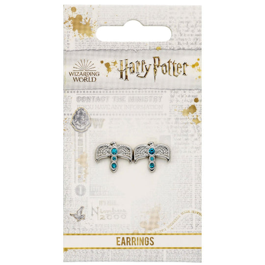 Boucles d'oreilles Diadème Harry Potter en alliage argenté avec détails en cristal, vue de face sur fond blanc