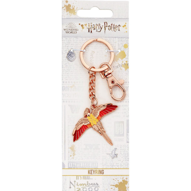 Porte-clés Fawkes Harry Potter en alliage plaqué or rose avec détails colorés vu de face