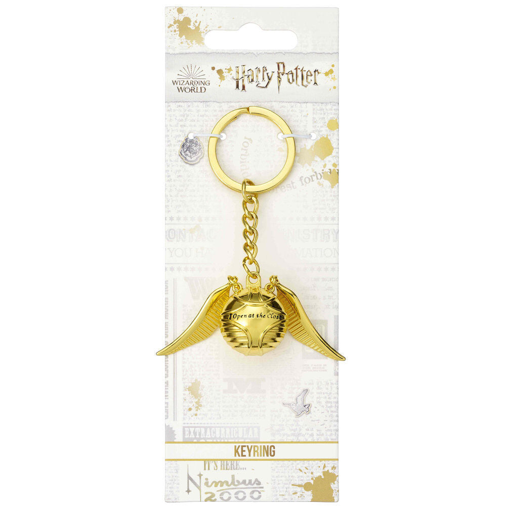 Détail du porte-clés Golden Snitch montrant l'inscription "open" et la finition métallique brillante