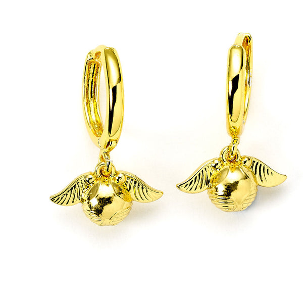 Boucles d'oreilles en forme de Golden Snitch doré sur petit anneau, vue de face, design inspiré de Harry Potter