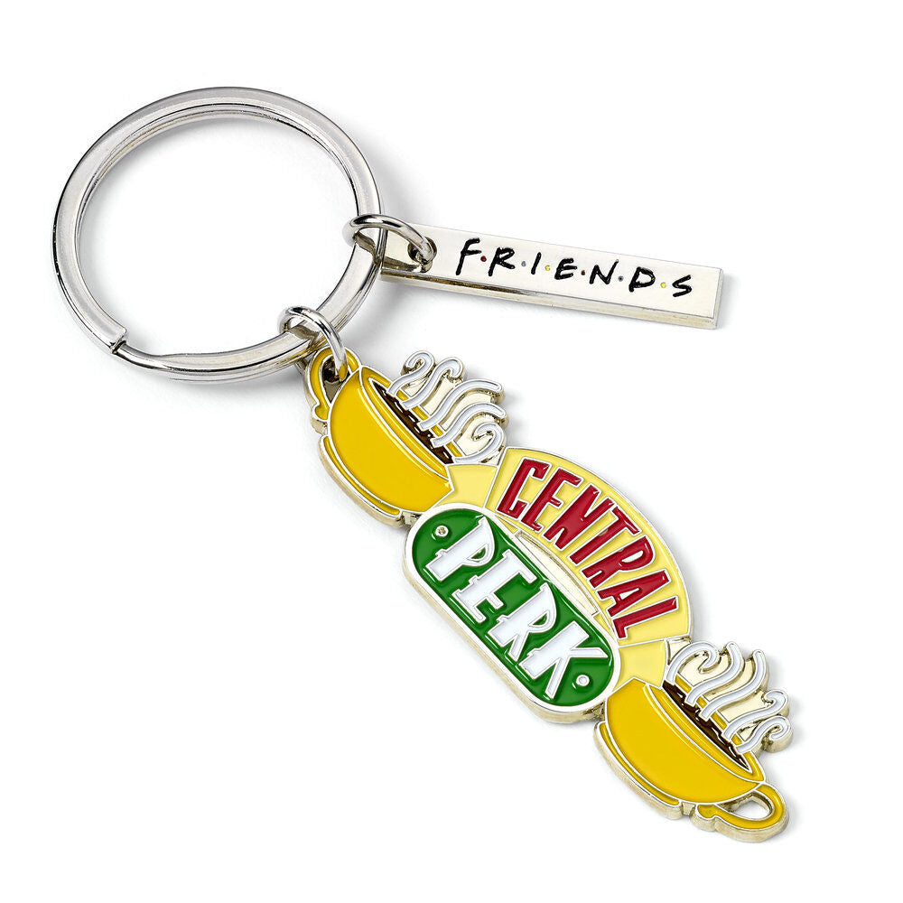 Porte-clés Friends Central Perk en alliage de zinc doré avec design inspiré de la série TV, présenté sur fond blanc.