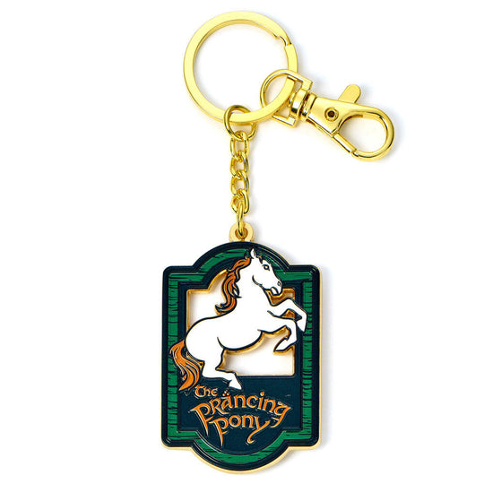 Vue rapprochée du porte-clés The Prancing Pony montrant la texture métallique et la finition soignée