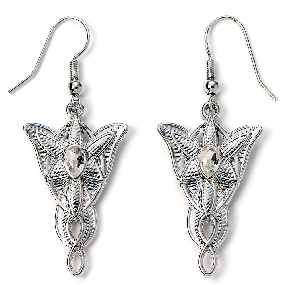 Image des boucles d'oreilles Evenstar portées, illustrant leur taille et leur élégance lorsqu'elles sont associées à une tenue.