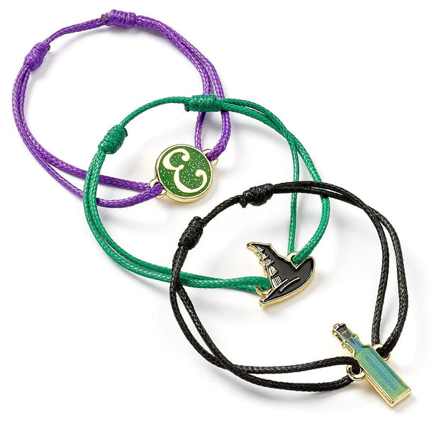 Set de 2 bracelets réglables avec pendentifs fiole d'élixir et initiale E, vue rapprochée.