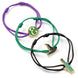 Set de 2 bracelets réglables avec pendentifs fiole d'élixir et initiale E, vue rapprochée.