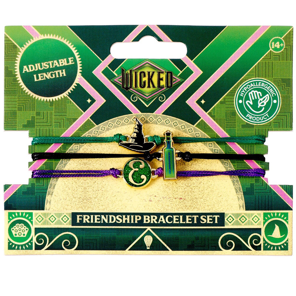 Présentation des bracelets Elphaba Wicked en alliage de zinc, montrant la texture et les détails des pendentifs.