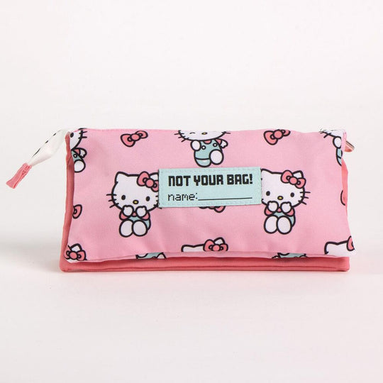 Détail du design coloré Hello Kitty sur la trousse triple CERDÁ, montrant les trois compartiments ouverts