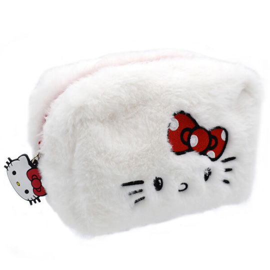 Trousse vanity en peluche Hello Kitty de la marque TAKE CARE, vue de face avec fermeture éclair et design kawaii.