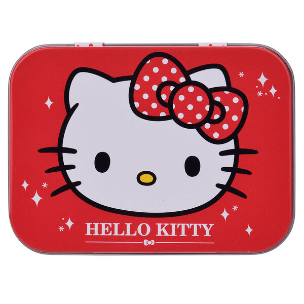 Boîte métallique Hello Kitty TAKE CARE vue de face avec 24 pansements à l'intérieur