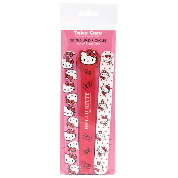 Set de trois limes à ongles Hello Kitty de la marque TAKE CARE, parfaites pour une manucure soignée et adorable à la maison.