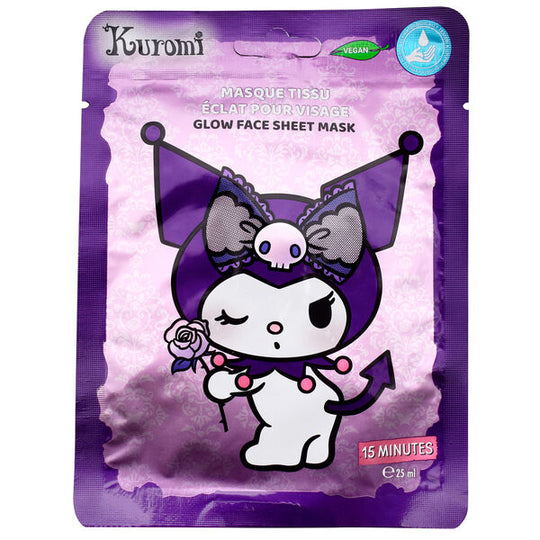 Masque visage Hello Kitty Kuromi Glow de la marque TAKE CARE avec emballage rose et noir illustré des personnages Hello Kitty et Kuromi.