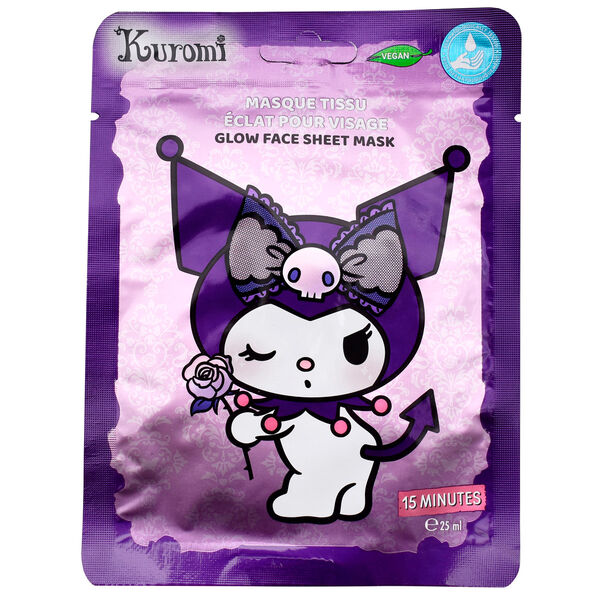 Masque visage Hello Kitty Kuromi Glow de la marque TAKE CARE avec emballage rose et noir illustré des personnages Hello Kitty et Kuromi.