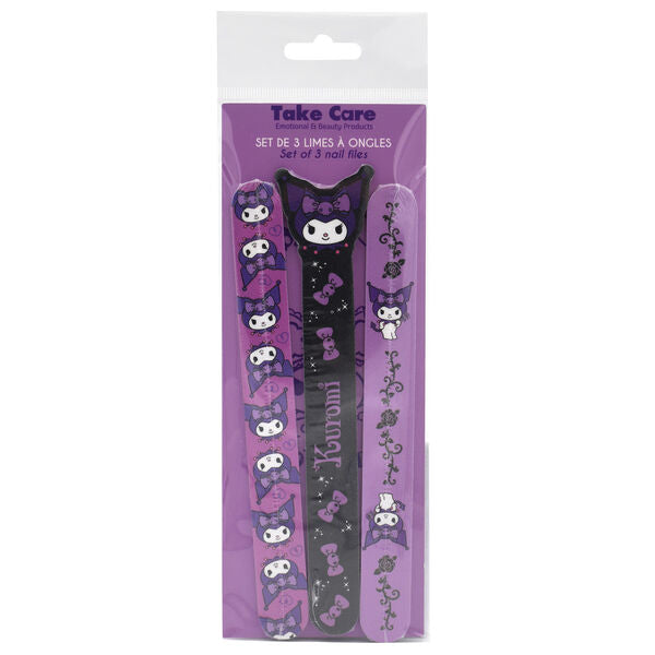 Set de 3 limes à ongles avec motifs Hello Kitty et Kuromi sur fond rose clair