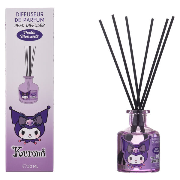 Vue rapprochée du désodorisant mikado Hello Kitty Kuromi 50ml avec packaging coloré