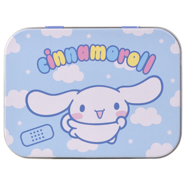 Boîte métal rectangulaire TAKE CARE avec illustrations Hello Kitty et Cinnamoroll sur fond rose