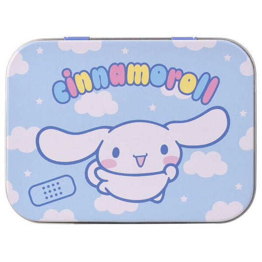 Boîte métal rectangulaire TAKE CARE avec illustrations Hello Kitty et Cinnamoroll sur fond rose