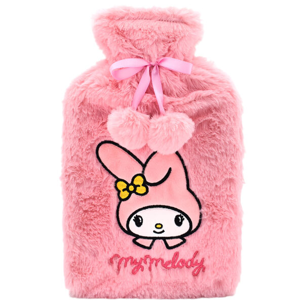 Bouillotte Hello Kitty My Melody TAKE CARE vue de face avec motifs colorés sur fond rose