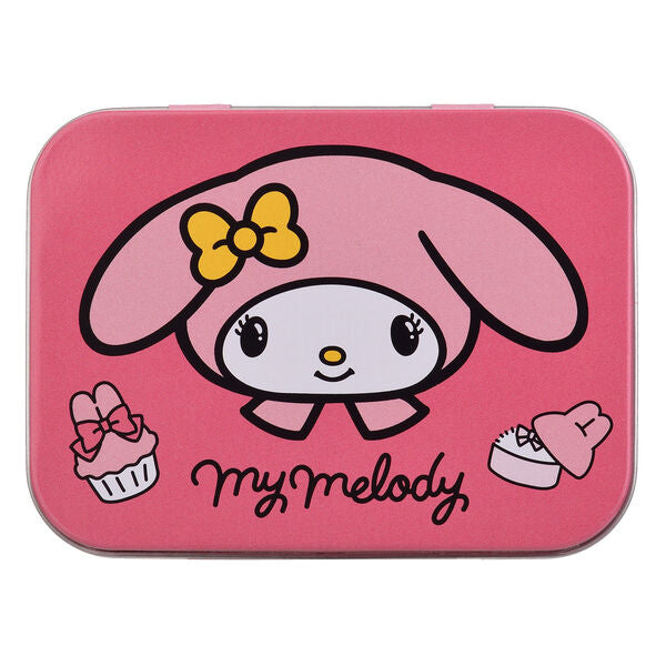 Boîte de pansements en métal Hello Kitty et My Melody, vue de face, montrant les personnages souriants et le logo de la marque TAKE CARE.