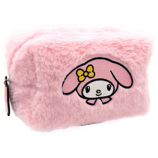 Trousse vanity en peluche Hello Kitty et My Melody de la marque TAKE CARE, vue de face avec détails colorés.