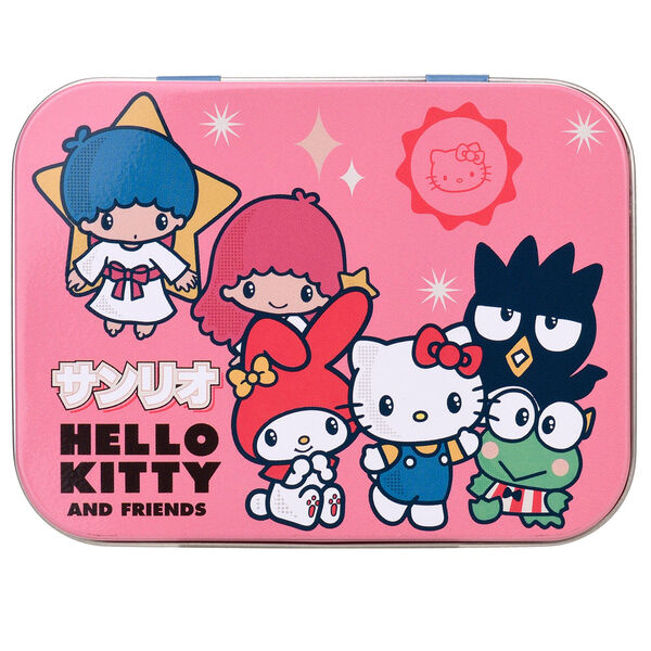 Boîte métal pansements Hello Kitty & Friends vue de face avec design coloré et personnages emblématiques