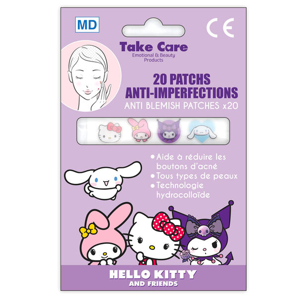 Boîte du set de 20 patches anti-imperfections Hello Kitty & Friends par TAKE CARE avec design coloré