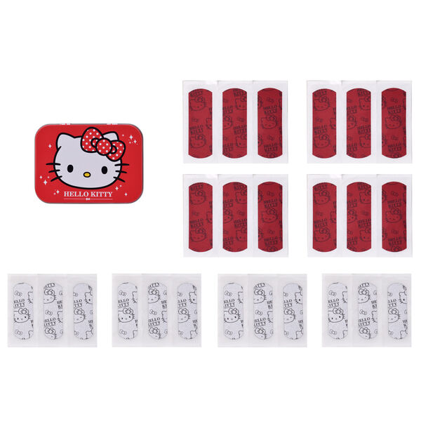 Détail du design coloré et mignon de la boîte de pansements Hello Kitty