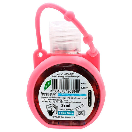 Vue rapprochée du bouchon du gel mains Hello Kitty montrant la texture gel translucide